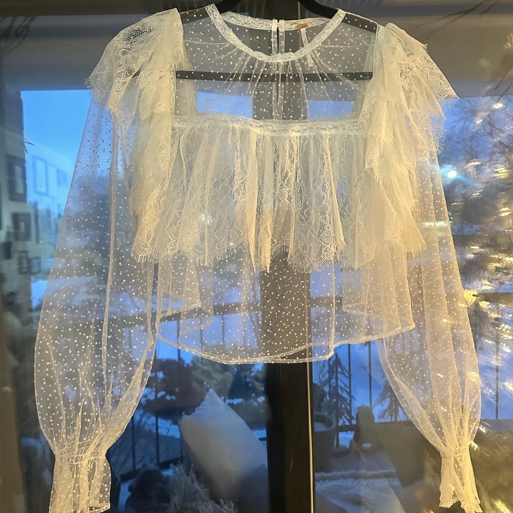 Free People White Sheer Lace Blouse